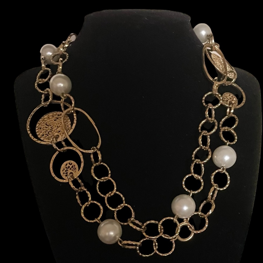 Joan Boyce Gold Pearl link Statement Necklace